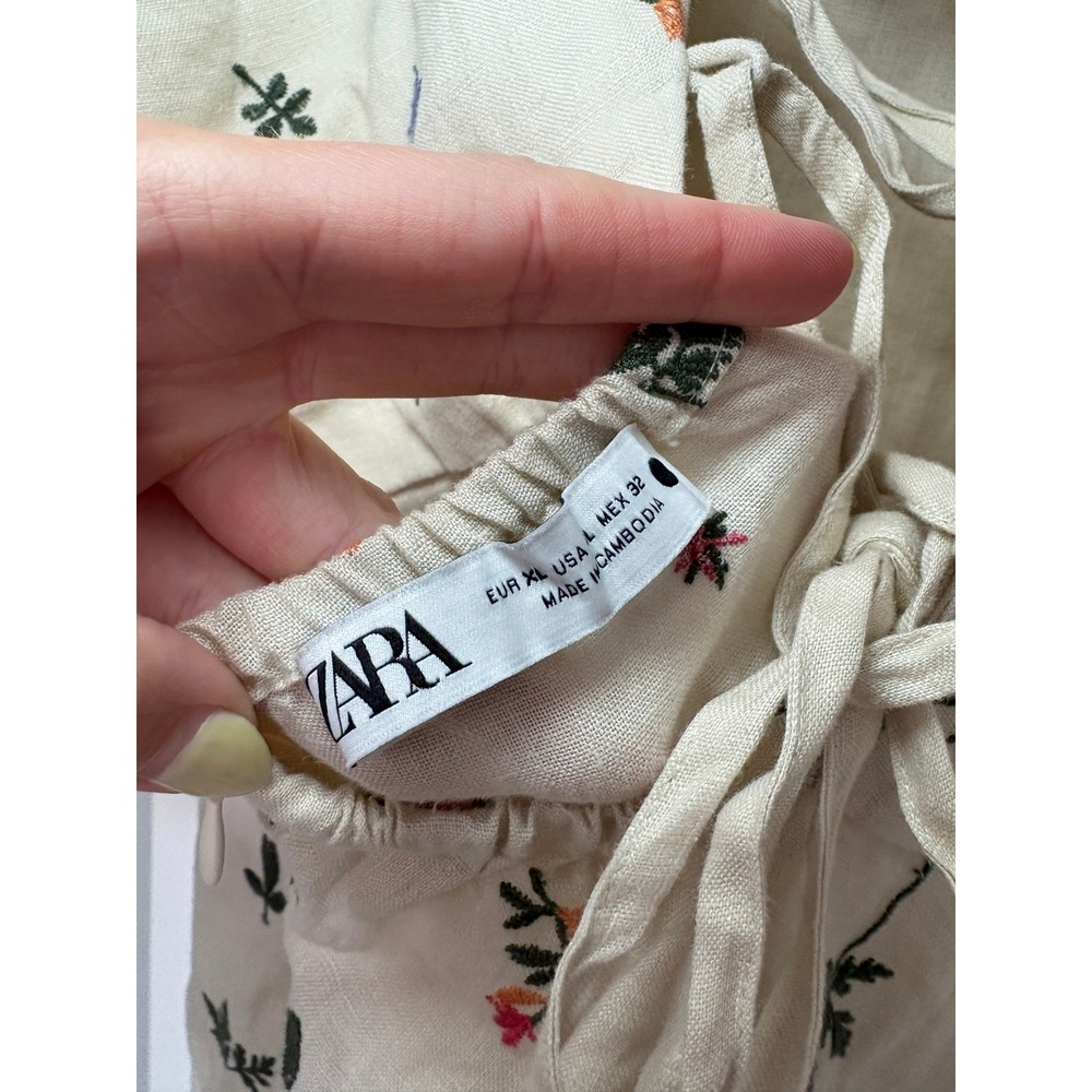 Zara Midi Dress XL Cream Floral Embroidered Linen Flower Lace Up Back Slit Boho - Picture 4 of 8